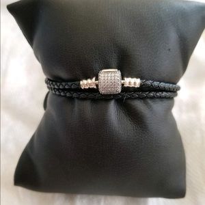 Black leather double strap bracelet